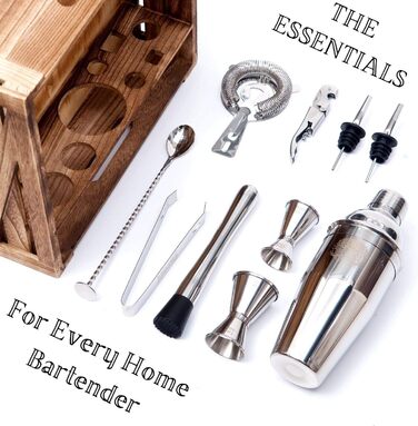 Набір для приготування коктейлів PAVOCI: 11 предметів, шейкер, барменський інструмент з нержавіючої сталі, дерев'яний підставник, аксесуари. Ідеально для дому, бару, професійного використання