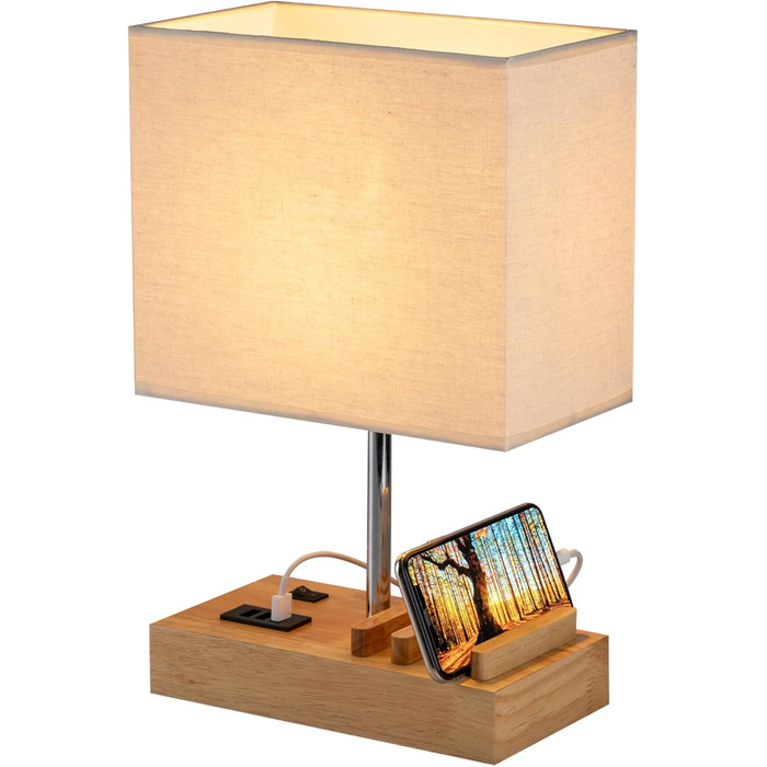 Настільна лампа Dreamholder з 3 USB-портами (A+C), підставкою для телефону, для спальні, вітальні, офісу, з натуральним дерев'яним цоколем та тканинним абажуром