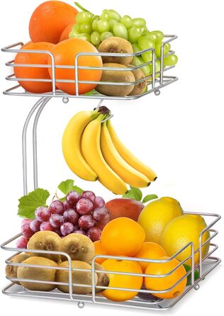 Металева фруктова корзина Bomclap на 2 яруси з підставкою для бананів - кухонна фруктова миска, знімна, декоративна, срібна
