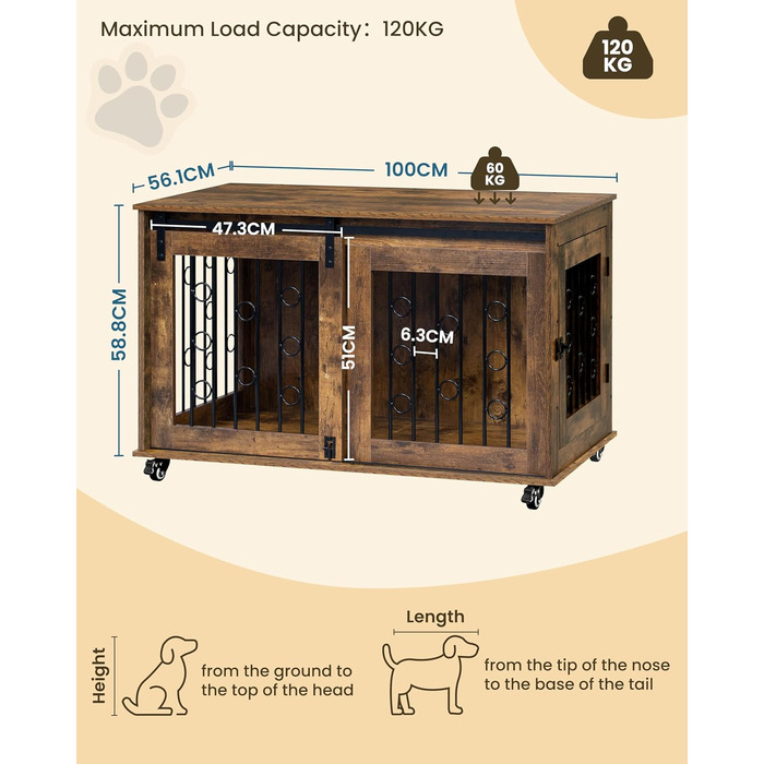 Клітка для собак EUGAD, 100 см, з 2 дверцятами та 5 колесами, для великих, середніх та маленьких собак, декоративна переноска для дому, вінтажний коричневий колір