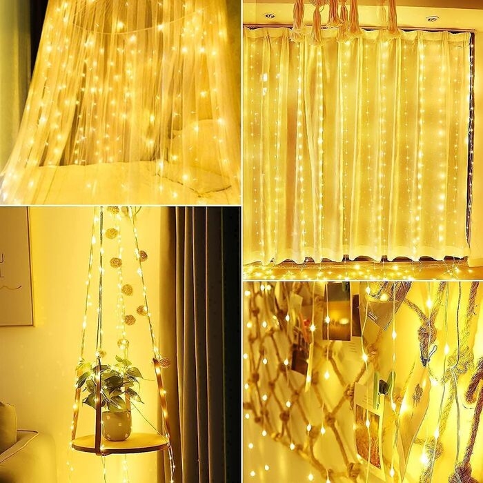 Лампочки-завіса USB Hoteril 3x3м, 300 LED, 8 режимів, пульт, таймер, IP65, для декору, вечірки, кімнати (тепле світло)