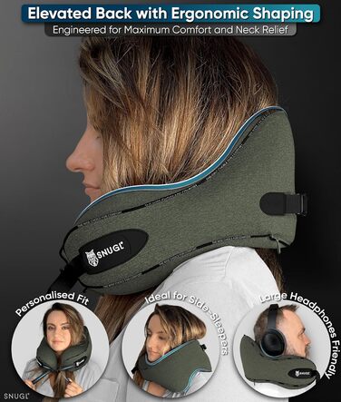Подушка для шиї SNUGL з піною з пам'яті, миюча та регульована | М'яка подушка для шиї для подорожей на літаку, автомобілі та в дорогу | Подушка-вирязка для шиї, Neck Travel Pillow (дорослий, маленький, світло-зелений)