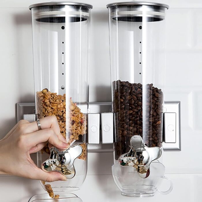 Futchoy CEREAL DISPENSER DOUBLE 3L WALL MOUNT CEREAL DISPENSER CORNFLAKE DISPENSER FOR CEREAL CORNFLAKES SWEETS 29 X 15 X 30 CM (SILVER)