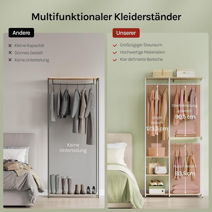 Вільна вішалка для одягу WOLTU з полицею, для спальні/коридору, стабільна, з дерева та металу, білий + світлий дуб