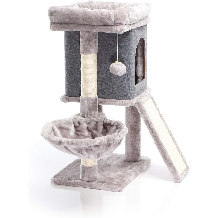 Котячий будиночок-крізьбаум Фудаджо сірого кольору, 71,5 см, з платформою для відпочинку, лежаком, дряпалкою та будиночком для котів