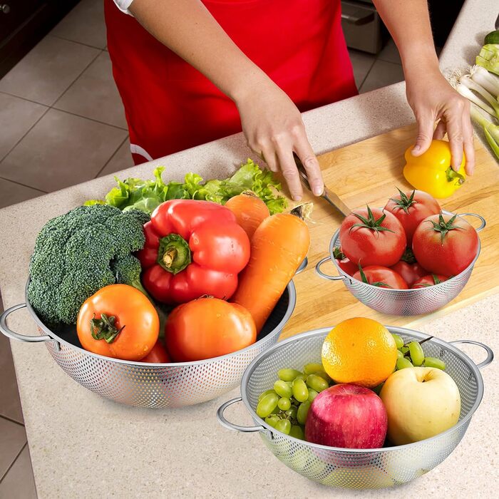 Ніж Sieb Homikit, нержавіюча сталь, сито для макаронів з ручками, мікроперфороване Ø, сито для стікання/миття/проціджування/миття, нержавіюче, здорове та придатне для миття в посудомийній машині (3, 28+22+16 см)