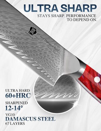 Ніж кухонний WILDMOK Santoku 17 см, професійний японський ніж з дамаської сталі VG10, червона рукоятка