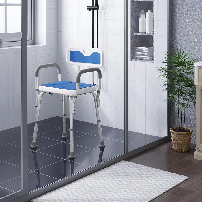 EUGAD Shower Chair, Shower Stool for Seniors, with Armrests and Backrest, Height Adjustable 6 Levels, 40 cm-54 cm, Non-Slip Shower Seat, Stable Bath Seat, Made of Aluminum and Plastic, White and Blue