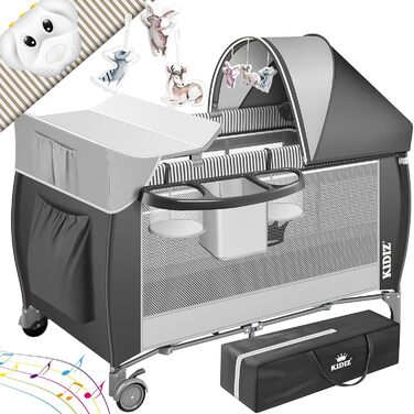 Kidiz® Baby Bed 3 in 1 Travel Bed Combo Set Baby Bed with Changing Pad Mosquito Net Playard Baby from Birth to 15 kg Airy Side Walls with Side Entrance Carry Bag Foldable, Grey