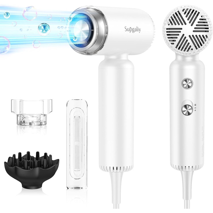 Подорожній фен з дифузором, легкий та компактний 1500W, Supgaliy Mini Іонний фен (290г, суперлегкий, 2 аксесуари для укладки, 4 температурні режими, 2 швидкості повітря)