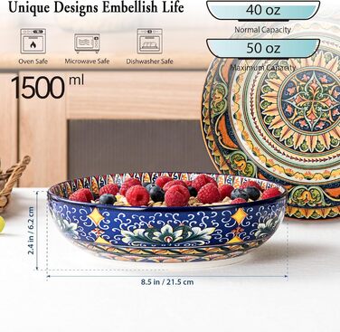 Набір тарілок Henten Home Mylo: 2 тарілки для супу та салатів, 1500 мл, бохо стиль (синьо-помаранчевий)