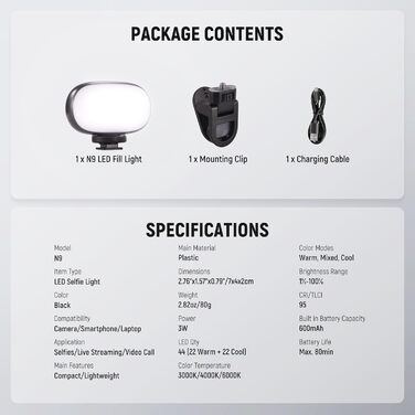 NEEWER BL120B LED світло для селфі та татуювань, сумісне з iPhone, з кліпсою, CPL фільтром, штативом та тримачем для телефону, BL120B (N9)