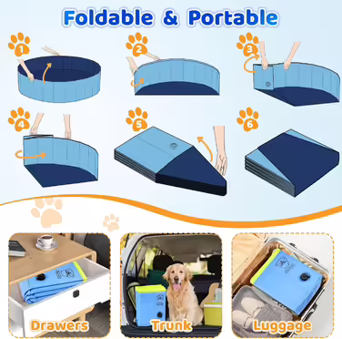 COZII Dog Pool, 160 x 30cm Dog Pool for Large and Small Dogs, Foldable Dog Bathtub, Splash Pool for Children, Portable Dog Pool with Non-Slip PVC and Bath Brush