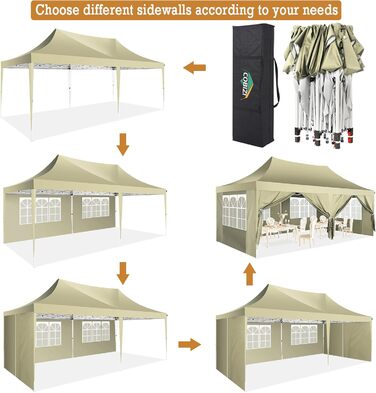 COBIZI Pavilion 3x3 Waterproof, Stable, Winter-Proof Party Tent, Folding Pavilion 3.0, 100% Waterproof and UV 50+ Portable High-End Portability Garden Pavilion, (Khaki, 3x6 with 6 Side Walls)