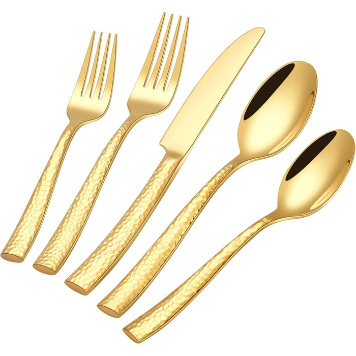 HONKKU 30-Piece Flatware Set, 6 People, Gold, Thickened Stainless Steel Cutlery Set with Hammered Handle, Eating Cutlery Set with Knife, Fork, Spoon, Mirror Polished, Dishwasher Safe