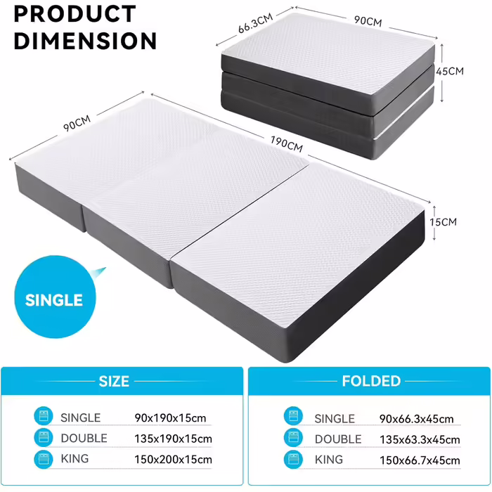 Autsel Folding Mattress 140x200x10cm 3-Piece Folding Mattress Camping Mattress Guest Bed Floor Mattress Guest Mattress Field Bed Folding Bed (90x190x15cm)