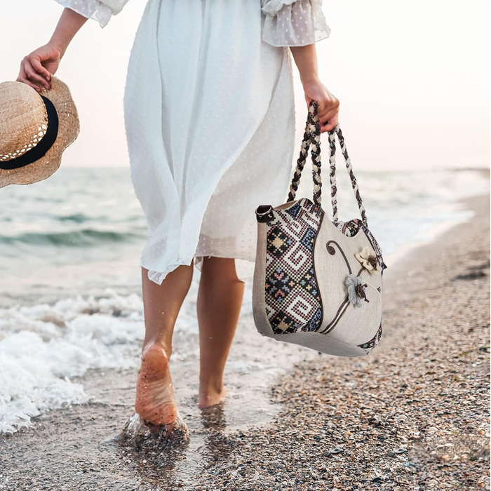 Сумка жіноча Boho етнічна льняна через плече, велика містка сумка-торбинка з вишивкою, регульований ремінь. Богемна вінтажна сумка для дівчат