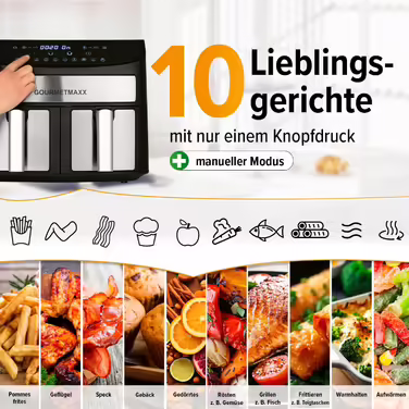 Gourmetmaxx Double Chamber Hot Air Fryer 2x 3.5L - Stainless Steel | Air Fryer with Synchro Cooking Zones, Timer Function & Touch Display | Energy-Saving Frying | 10 Programs | 2400 Watts Stainless Steel / Black 2x 3.5 Liters