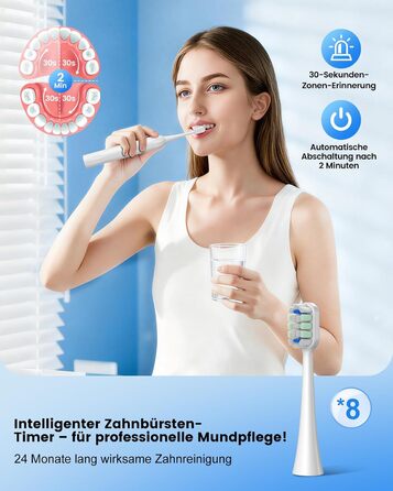 Електрична зубна щітка зі звуковими вібраціями, 5 режимів, таймер 30с, для відбілювання зубів за 2 тижні, 8 змінних насадок з м'якою 3D-щіткою, IPX7, 8 насадок