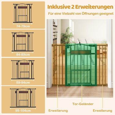 Захист для дверей Costway для собак, 74-104 см, 76 см висота, з маленькими дверцятами, 2 розширення, автозакривання та подвійний замок, без свердління, розсувне захисне ґратка для собак (Білий/Чорний)