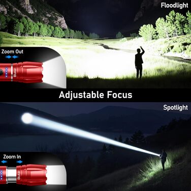 LED ліхтарик Blukar з регулюванням температури світла, 2000 люмен, зум, 10 режимів, вологостійкий, для кемпінгу та активного відпочинку (червоний)