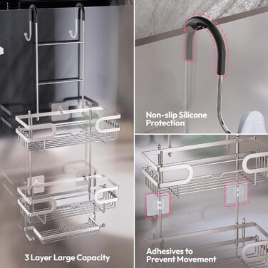Настінна поличка для душу SWTYMIKI з нержавіючої сталі, сірого кольору - 2 корзини, 2 мильниці, 14 гачків