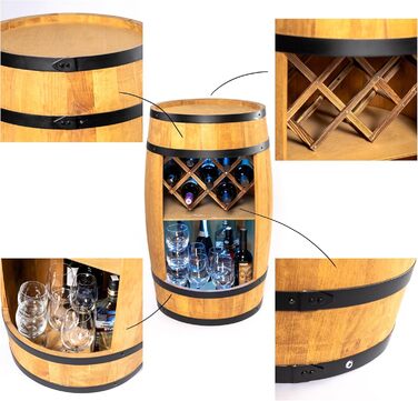CREATIVE COOPER Fass bar LED RGB with wine holder - wine rack - wooden barrel home bar 80x50cm - rustic decor bar cabinet wine stand – wine cabinet (Light Brown)