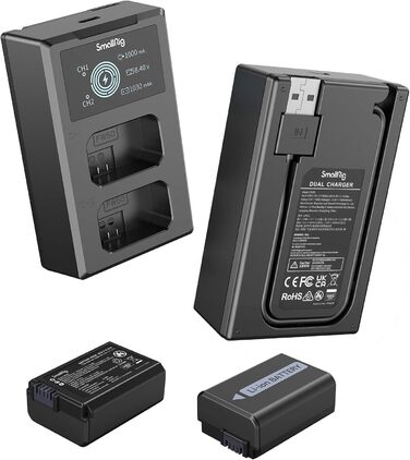 SMALLRIG Запасні акумулятори для Sony NP-FW50 (2 шт.) з LCD-дисплеєм та зарядним пристроєм. Сумісні з Sony ZV-E10, A6300, A6400, A6500, A7 II, A7R II, A7S, A7S II, A7R, RX10 III