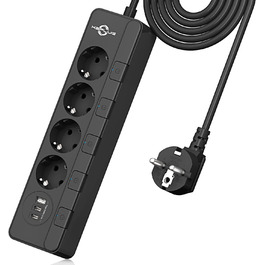 Мережевий фільтр KEPLUG з USB (4000W, 16A) - 6 розеток, 3 USB, індивідуальне вмикання, захист від дітей, 2м кабель, чорний