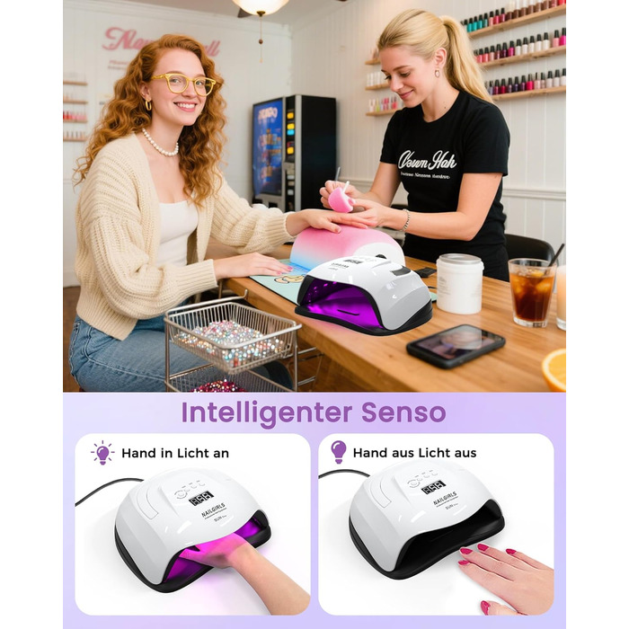 LED UV лампа для нігтів NAILGIRLS 150W з таймером, автосенсором та LCD дисплеєм. Підходить для гелевих нігтів пальців та ніг. Знімний магнітний майданчик.