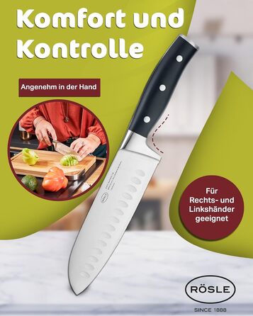 Кухонний ніж RÖSLE Santoku 17,5 см з куленшліфом, ергономічна ручка, для м'яса, риби та овочів, японська форма леза, преміум якість