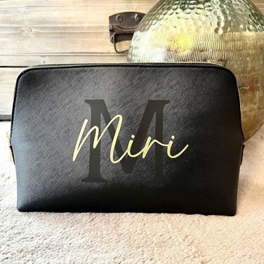 Personalized Cosmetic Bag Initia + Name, Makeup Bag, Toiletry Bag for Women, Handbag, Gift for Women, Makeup Beauty (Large) (L, Black)