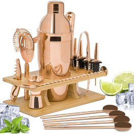 ONVAYA® Cocktail Set in Rosé-Gold | Cocktail Gift Set with Bamboo Holder | Cocktail Shaker Set | Professional Bartender Set | Moscow Mule Mugs (Cocktail Set)