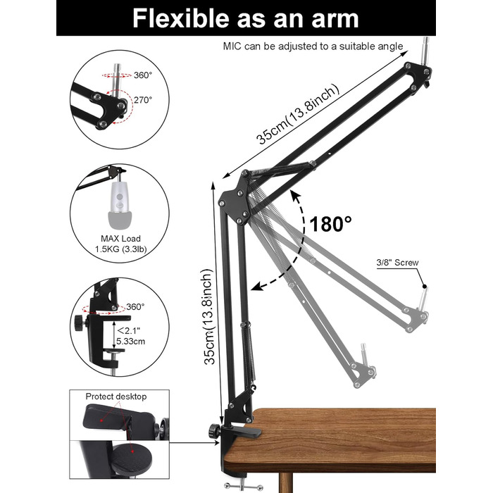 Тримач для мікрофона на подовжувачі, регульований кріплення для Blue Yeti, Yeti Nano, Elgato Wave, HyperX QuadCast, Fifine AM8 та інших мікрофонів, з різьбою 3/8' - 5/8' 1/4', поп-фільтр, кріплення для мікрофона