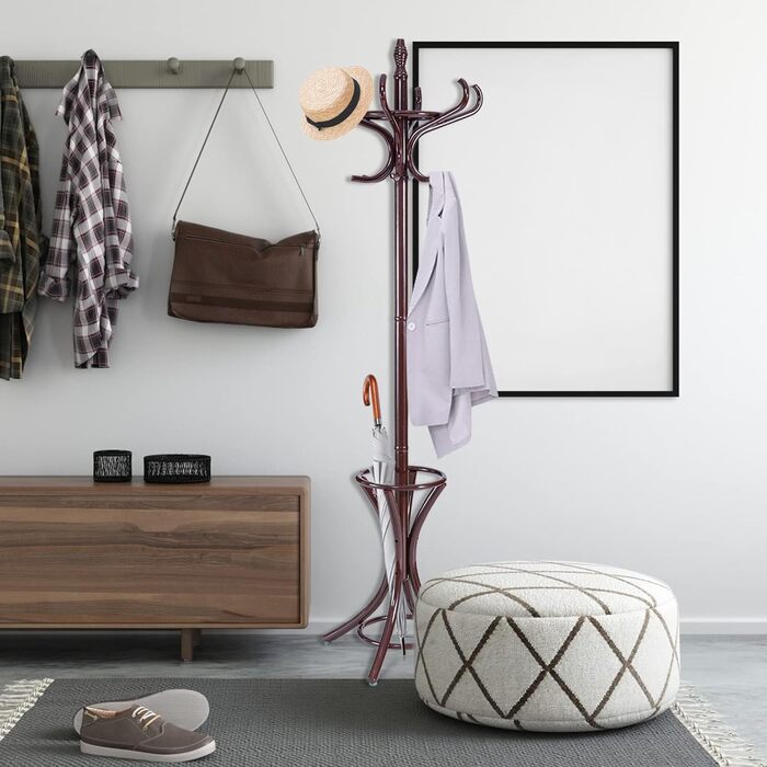 GIANTEX Coat Rack with Umbrella Stand, Clothes Rack Wood with 12 Clothes Hooks, Wooden Coat Tree Freestanding, Standing Coat Rack for Entryway Living Room (White) (Brown)