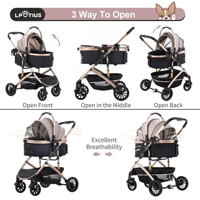 3 в 1 Візок для собак з знімним сидінням для подорожей, переноска для собак, складаний, візок для домашніх тварин для дітей до 25 кг, Рожевий, Шампань, 25 кг