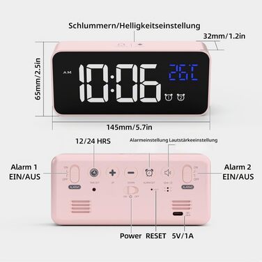 Цифровий будильник з LED-дисплеєм, термометром та дзеркальною поверхнею, подвійний будильник, регулювання яскравості та диммер (Рожевий)