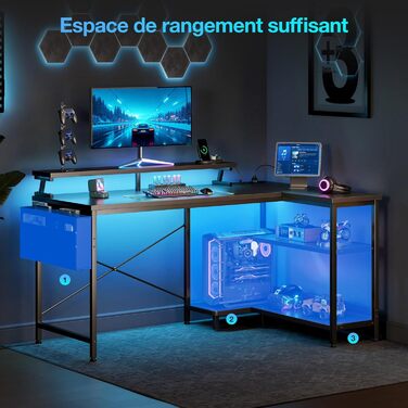Ігровий стіл L-подібний Coleshome з LED-підсвічуванням та розетками, 120x80 см, з полицею, чорний, для офісу/робочого кабінету