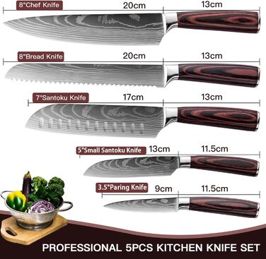 Набір кухонних ножів 5 шт. з нержавіючої сталі, преміум якість, ергономічні дерев'яні ручки, професійний кухонний набір, подарункова коробка