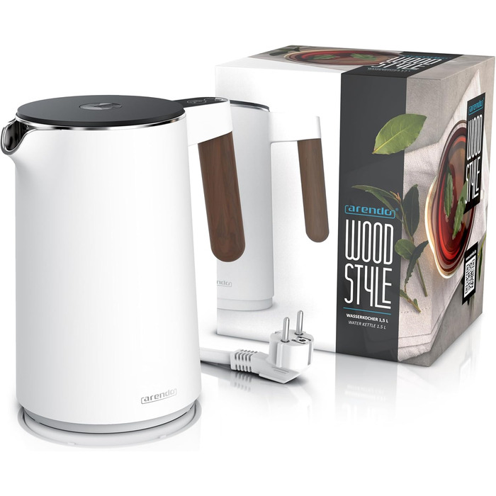 Arendo - Stainless Steel Kettle with Temperature Setting - 45°C-100°C - 1.5 Liter - Double-Walled - BPA Free - Keep Warm Function - Tea Kettle with Temperature Display - Cool Touch Handle - matte white (B: Dark Handle)