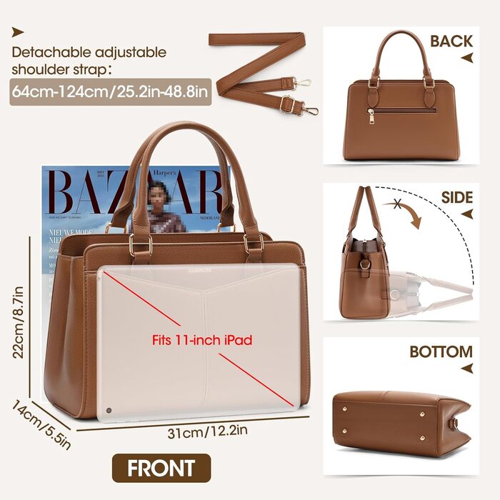 Сумка жіноча RAINSMORE середнього розміру з PU шкіри, коричнева: сумка-тоут, сумка на плече, сумка через плече