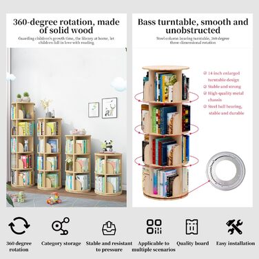 Обертова книжкова шафа PTUWODS з масиву дерева, 5 полиць, 360°, для дітей і дорослих, багатофункціональна стійка для зберігання