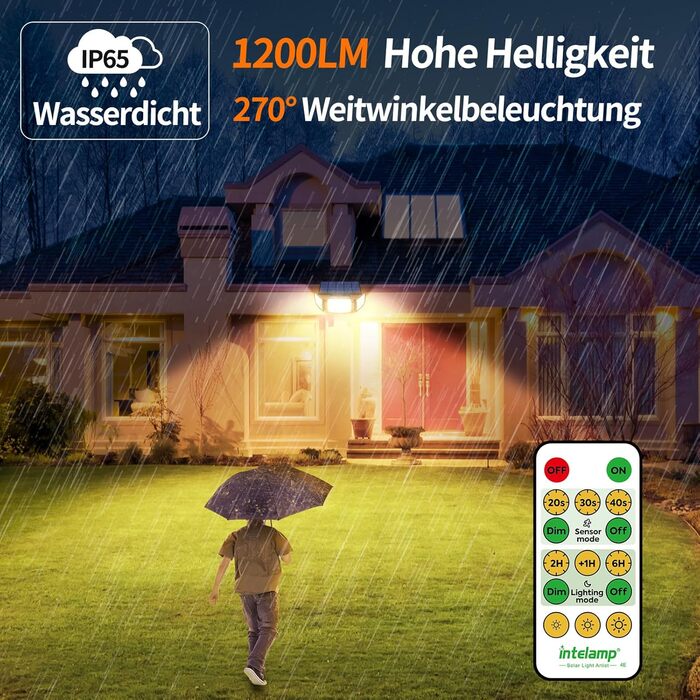 INTELAMP Solar Lights for Outdoors with Motion Sensor, 6000 mAh Solar with Remote Control, 1200LM, 270° Wide-Angle Solar Lights, IP65 Waterproof for Porch and Garage (1 Piece - Warm Light)