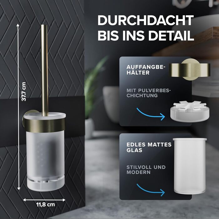 Набір для чищення унітазу Ovimar Finnkona з кріпленням на стіну без свердління | Силіконова щітка для унітазу з вентиляцією | Виготовлена з порошково-пофарбованої нержавіючої сталі | Змінний насадка для унітазу (золота)