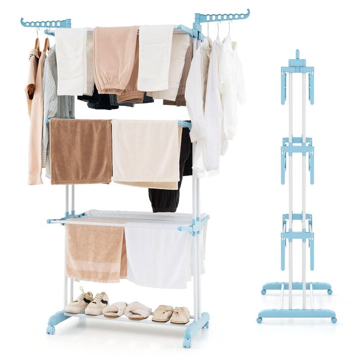 Сушарка для білизни HOMASIS з 4 рівнями, розкладна, на коліщатках, з бічними крилами, 127x63x171cm, 30 кг, світло-блакитна