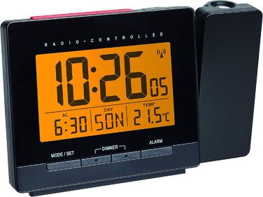 TFA Dostmann Projection Alarm Clock, Radio-Digital Alarm Clock with Projection, 60.5016, with Temperature Display, Snooze, Multi-Language Weekday, Adjustable Display Illumination, Black