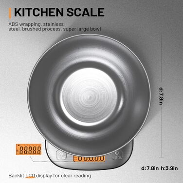 Digital Kitchen Food Scale with Bowl - Stainless Steel, 11lb/0.01oz, IPX6 Waterproof - for Baking, Cooking, Dieting