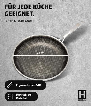 Сковорода HENSSELERS® 28 см - універсальна для всіх типів плит, антипригарне покриття, індукція, стійка до порізів та подряпин