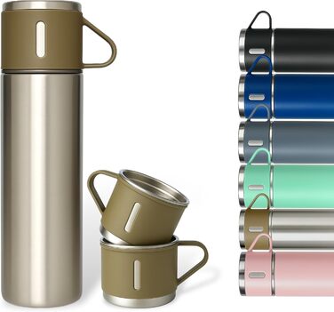 Термос 500 мл з нержавіючої сталі – 2 чашки з ручками – без витоку, BPA-free – з щіткою для чищення – колір: сріблястий