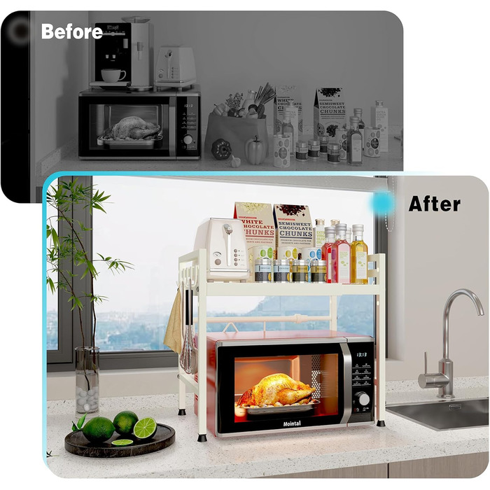 Регульована підставка для мікрохвильової печі, 2-рівнева, розширювана, з вуглецевої сталі, з 8 гачками, для кухні